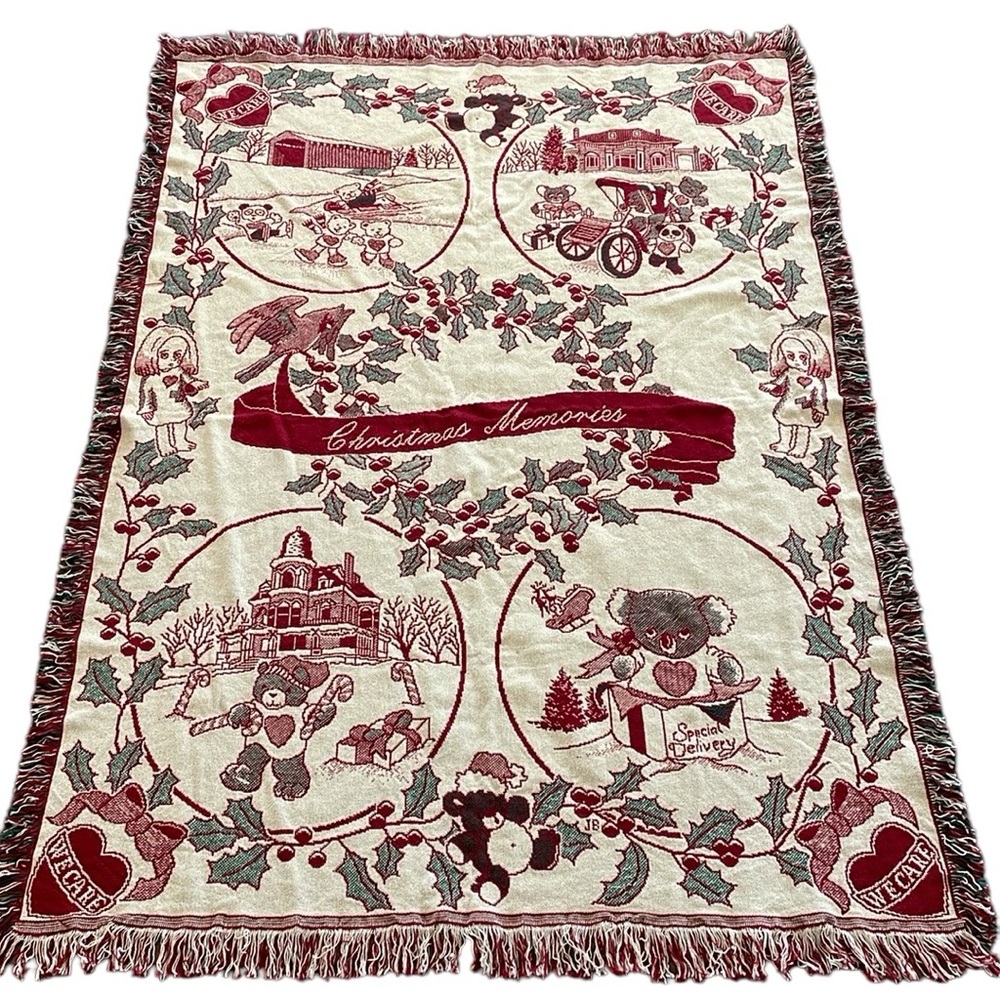 Vintage “Christmas Memories” Knit Holiday Afghan 100% Cotton 66”x46” Bears